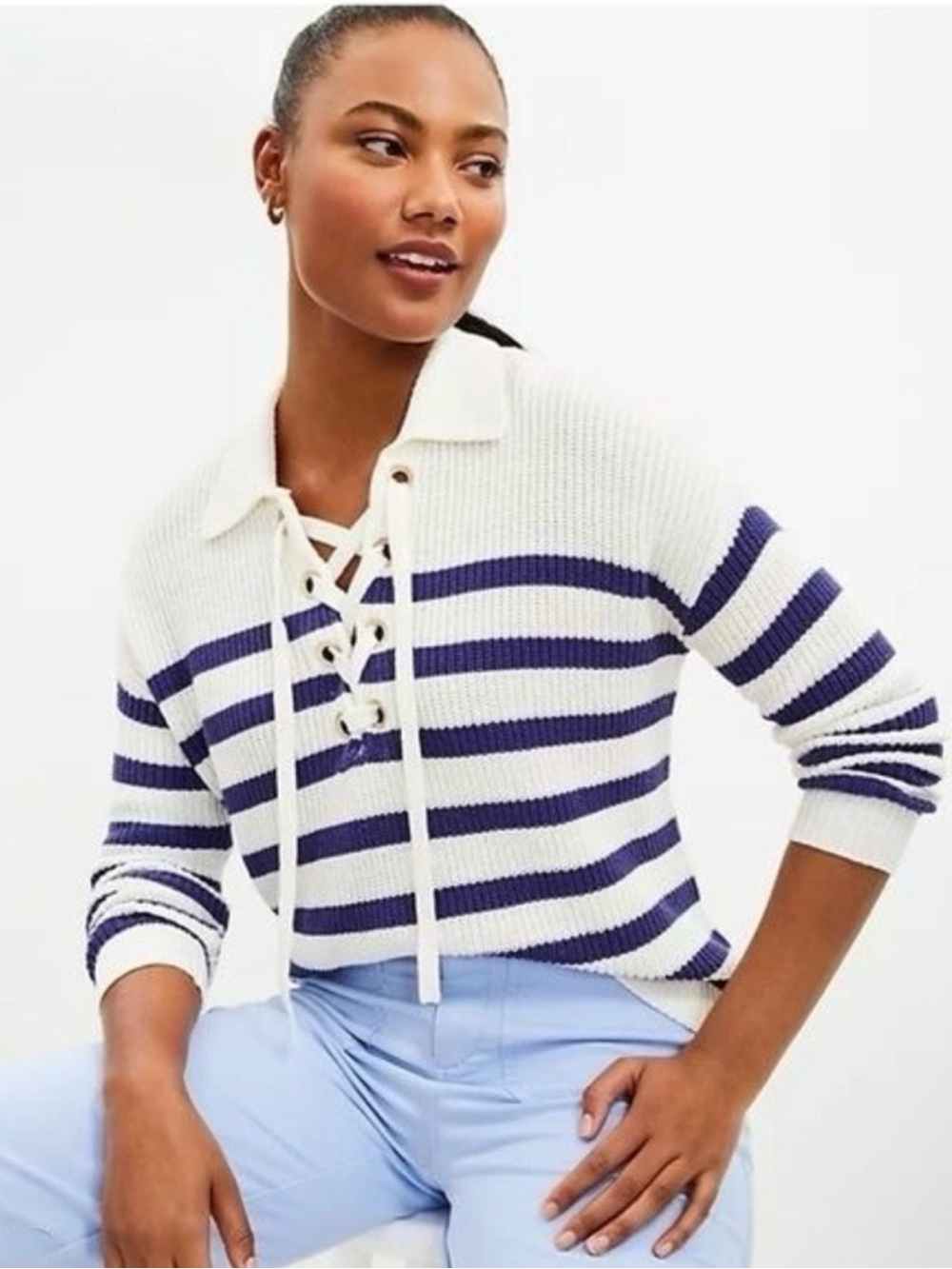 LOFT Women's Nautical Navy & White Stripe Lace Up Sweater Women’s Size Small - Picture 1 of 16